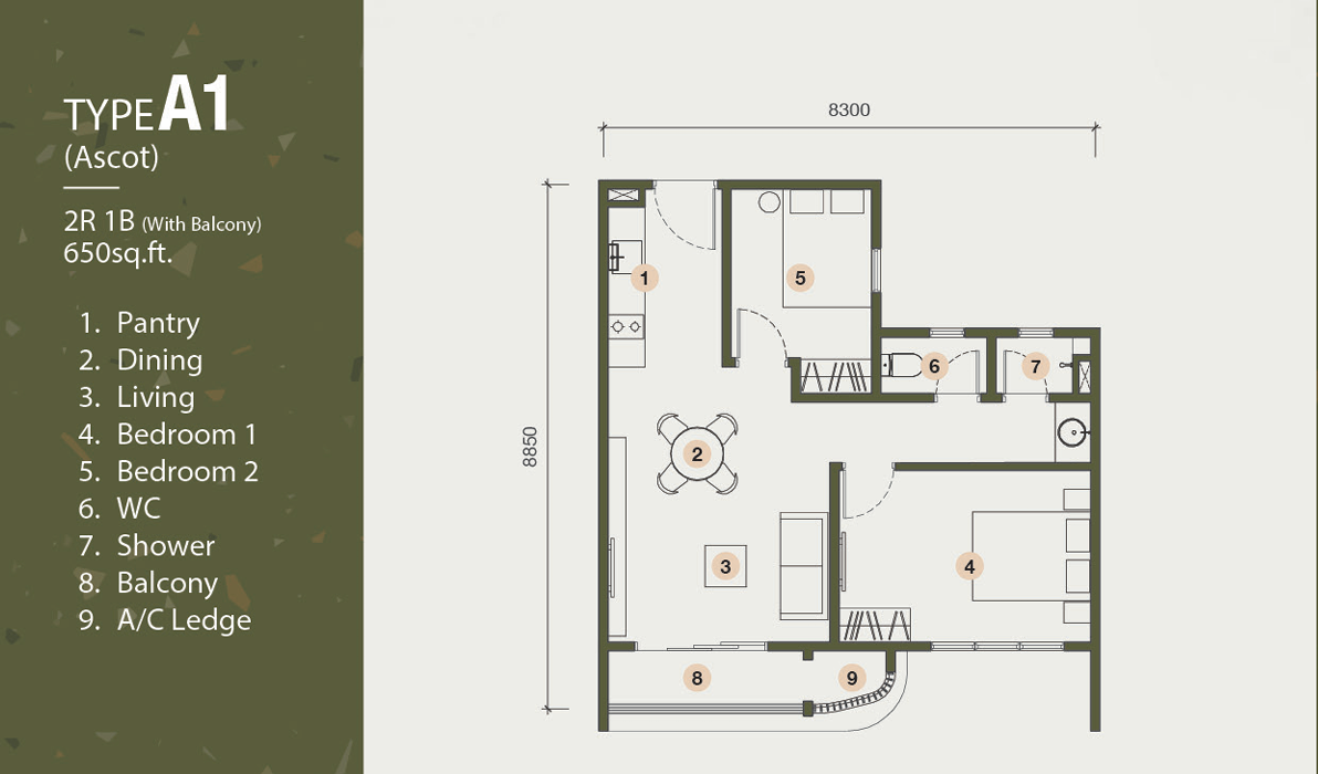 The Stallionz Type A1 | 650 sq.ft floor plan, Ipoh Town City Centre